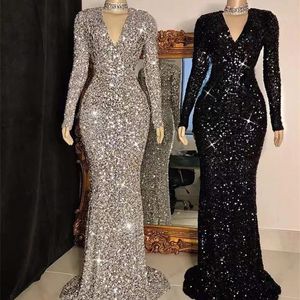 Casual Dresses Partysix Women Gray V Neck Long Sleeve Sequin Dress Elegant Evening Dress Party Maxi Dress Ladies Trailing Dresses 230131