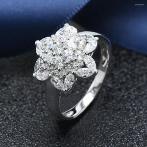 Cluster Rings Hutang Luxury Solid 925 Sterling Silver Cubic Zirconia Flower Ring For Women Wedding Engagement Fine Jewelry Gift Her