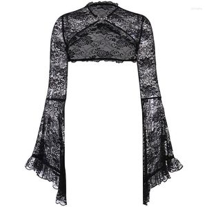 Kvinnorjackor Fashion Lace Black Gothic Women's Jacka Ladies Solid Floral Flare Sleeve Front Open Crop Tops Short Cardigan Suit