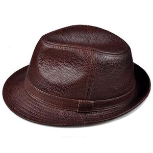 ワイドブリム帽子バケットマン高品質の本革ジャズフェドラ紳士牛の皮膚ショート