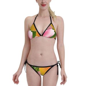 Women's Swimwear Pink Tulips Print Sexy Bikini Swimsuit Women 2-piece Set Halter Bathing Suit Beach Wear Female Biquini