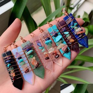 Charms Healing Natural Stone Pendum Wire Wrap 7 Chakra Pendant Reiki Amethysts Lapis Point Sword Shape Pink Crystal Pendants DHGARDEN DHXMD