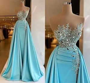 Azul sereia noite 2023 vestidos sheer neck renda applique frisado sem mangas cetim plus size plissados vestido de baile formal vestidos personalizados