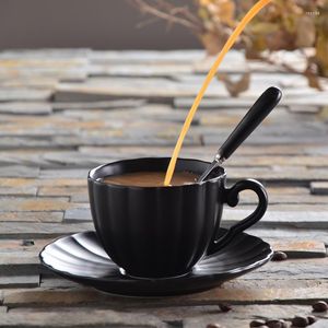 Mugs 160ML Classic Brief Black Ceramic Bone China Office Coffee Cup Flavour Milk Tea Stripe Lead-free Mug With Saucer Spoon Shelf Kit