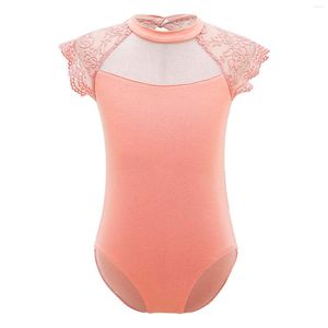 Stage Wear Kids Girls Gymnatics Ballet Leotards Round Neckline Lace Shoulder Dancewear Oval Shaped Hollow Back Dance Training Jumpsuit