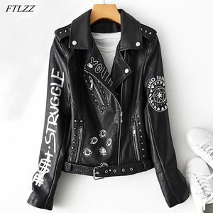 Womens Leather Faux FTLZZ Spring Autumn Women Graffiti Print Pu Jacket with Belt Streetwear Female Moto Biker Rivet Coat Outwear 230131