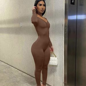 Women's Jumpsuits Rompers Solid Knit V-Neck Ruched Sporty Jumpsuit Women Rompers Long Sleeve Bodycon Jumpsuits Casual Fitness Outfits Overalls 230131