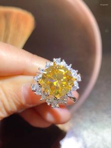 Cluster Rings 5ct Moissanite Classic Luxury Yellow Diamond Ring 11 мм 925 Серебряная блестящая невеста обручен