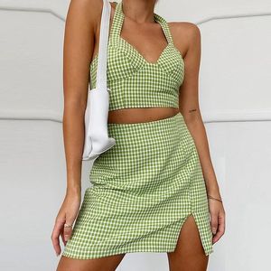 Abiti da lavoro Moda donna Halter Canotta Gonna scozzese a vita alta Sexy Set 2 pezzi Green Lady Casual Top senza maniche Crop Top Abito corto