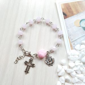 Link Bracelets Religious Catholic Pink Crystal Prayer Beads Chain Rosary Bracelet Cross Rose Charms Jewelry Baptism Confirmation Gifts