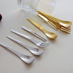 Servis uppsättningar 304 japansk stil design metall bordsartiklar hammare mesh sked kakor frukt gaffel rostfritt stål dessert kaffestesked