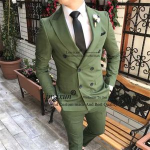 Men's Suits & Blazers Double Breasted Slim Fit Men 2 Pieces Jacket Pants Set Army Green Wedding Groom Tuxedos For Prom 2023 Man Fashion Blaz