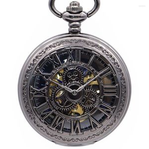 Pocket Watches High Quality Mechanical Self Wind Quartz Skeleton Dial Gear Roman Numbers FOB Gift For Men Women PJX1361