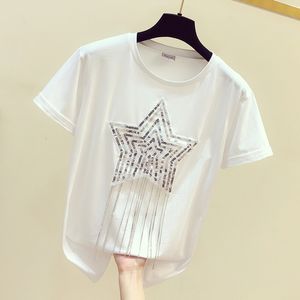솔리드 스팽글 다이아몬드 O-Neck Tshirt 2019 새로운 여름 사무실 레이디 코튼 탑 옷 셔츠 Camiseta Mujer Black White T95107L CX200714