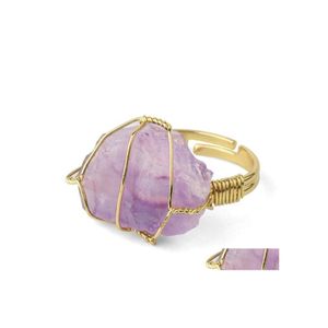 Solitaire Ring Natural Stone Crystal Rings Women Irregar Wire Wrap Healing Purple Fluorite Goldcolor Resizable Finger Jewelry Drop De Dhkrm