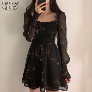 Sıradan elbiseler bahar kadın seksi siyah elbise vintage çiçek uzun puflu kol şifon elbiseler Kore gündelik mini vestidos mujer kıyafetleri 13676 230131