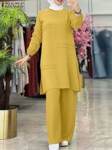 Ethnic Clothing ZANZEA Muslim Two Piece Sets Women Outifits Tracksuit Elegant Long Sleeve Blouse Wide Leg Pants Solid Islamic 230131