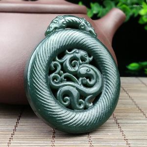 Pendant Necklaces Real Hetian Green Jade Two Side Handcarved Dragon Pendants Necklace Men Women Jewelry