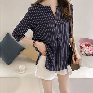 Women's TShirt Arc Neckline Vertical Stripe Elegant Blouse Large Size Threequarter Sleeve Show Collarbone Loose Slim Striped Shirt 230131