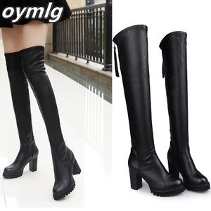 Boots Autumn Winter Women's Pu Leather Over The Knee Back Zip Thick High Heel Platform Thigh Ladies Fashion Shoe Black 230201