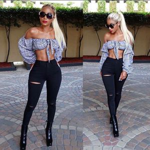 Women's Jeans High Waist For Women Slim Fit Stretch Hole Denim Bodycon Bandage Skinny Push Up Woman