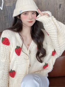 Women's Vests Knitted Cardigan 2023 Spring Design Strawberry Three-dimensional Hook Flower Sweet Loose All-match Sweater Coat