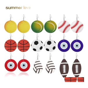 Charm Sports Round Leather Earrings Football Basketball Pollyball Evil Blue Eye Light Weight Ball Dingle Earring for Women Drop Deli OT2VV