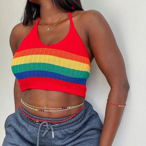 Women's Tanks Thorn Tree Women Halter Lace-up Backless Tube Crop Tops Tank Streetwear 2023 Summer Sleeveless Striped Slim Fit Knitted