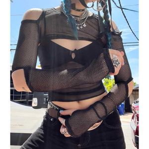 Women's Tanks Camis Xingqing y2k Gothic Top Summer Women Hollow Out Cold Shoulder Long Sleeve Crop T-shirt 2000s Aesthetic Streetwear E Girl Clothes Y2302