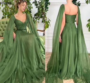 Caftan Islam Moroccan Abaya Green Evening Dresses With Long Wrap Pleated Chiffon A Line Prom Formal Gowns For Women Dubai Arabic Second Reception Dress Robes CL1764