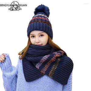 Mützen Mode Pompons Frauen Winter Hut Schal Set Warme Gestrickte Kappen Schals Männer Weibliche Sets 2 Stück Unisex Hüte Schals1 Scot22