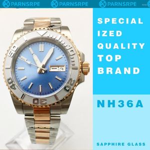 Montre-bracelets 40 mm Blue Dial NH36 Day Day Glass Sapphire Mécanique Automatique Automatique Watch Rose Gold Case