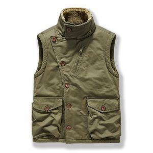 Mens Vests Autumn Military Vest Men Stand Collar Fashion Side Bottons Thick Warm Fleece Jacket Sleeveless Plus Size 4XL 230131