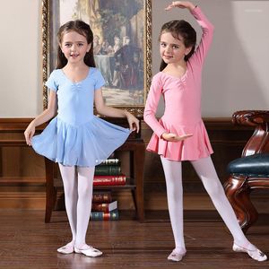 Scenkläder balettklänning Gymnastik Leotards för flickor barn kort ärmdanskläder chiffong kjol bowknot dans barn