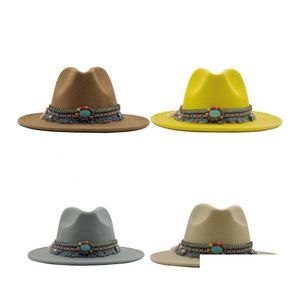 Wide Brim Hats Mticolor Men Women Formal Hat Minority Nationality Retro Woollen Cloth Jazz Flat Eaves Cap 15Xg T2 Drop Delivery Fash Dhvx4