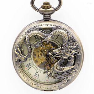 Pocket Watches Sales Bronze Dragon Roman Hollow Case Mechanical With Unisex Fob Chain Watch for Men Women PJX1346