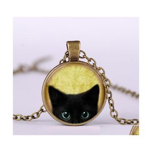 Naszyjniki wiszące biżuterię mody vintage czas klejnot kabochon czarny kotek naszyjnik upuszczony wisie