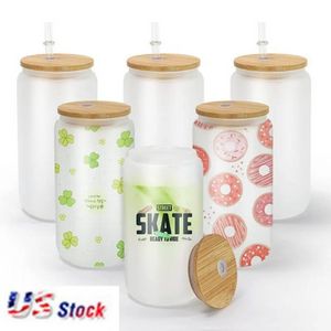 USA SHIP 16 oz Sublimation Glass Beer Mugs with Bamboo Lid Straw Tumblers DIY Blanks Frosted Clear Can Cups Heat Transfer Cocktail Iced Coffee Whiskey ss0201