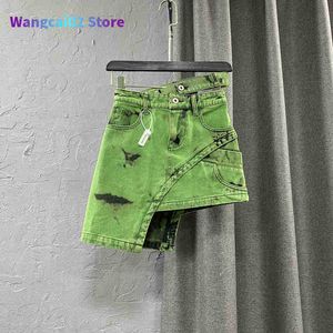 Skirts Wangcai02 Korean Streetwear Irregular Green Tie Dye Denim Skirt Summer Fashion Women High Waist Short Hot Girls Aline 0201