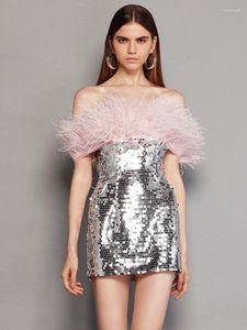 Casual Dresses Sexy Luxury Strapless Sequins Feather Off Shoulder Tight Mini Bodycon Dress Women Elegant Evening Party Night Club 2023