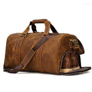 Torby na skórzane ręce torba podróżna mężczyźni szalone torby męskie z butami o wysokiej pojemności bagażowej strzępy
