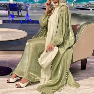 Etniska kläder Elegant muslimska abaya 2 bitar matchande uppsättningar pärlor satin kvinnor hijab klänning kväll klänning kalkon arabisslam kläder caftan marockansk 230131