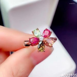 Pierścienie klastra KJjeaxcmy Fine Biżuteria 925 Srebrny Srebrny Inkrustowany Naturalny Tourmaline Kobiety Urocze szlachetne vintage Flower Otwarty Pierścień Pierścienia