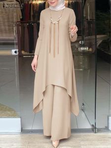 Ethnic Clothing ZANZEA 2PCS Elegant Women Muslim Matching Suits Fashion Wide Leg Pants Sets Turkey Abaya Hijab Islamic Dubai Tracksuit 230131