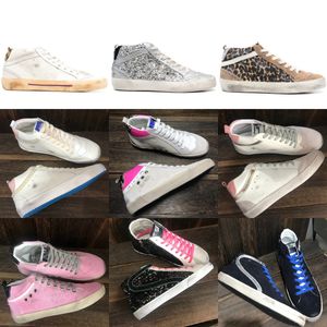 Novo lançamento da marca italiana Golden Mid Slide Star Sapatos de cano alto feminino Tênis moda rosa-ouro glitter Clássico Leopardo Branco Do-old Dirty Designer Shoes