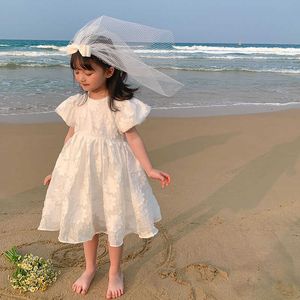 Girl's Es Girls Summer Big Flower Puff Sleeve Sweet Applique Flowers White Princess Party Dress New Children Clothing 0131