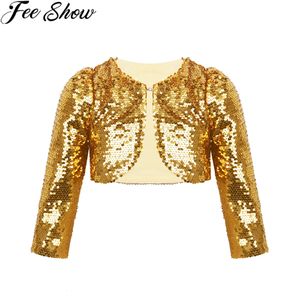 Jackor Feeshow Kids Girls Baby Jacket Coat Sparkly paljetter Cropped Blazer Bolero rycksug Cardigan Top Clothes Stage Performance Costumes 230131