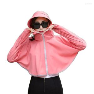 Chaquetas de mujer Verano Mujeres Sombreado Ropa de seda de hielo con capucha Mantón Cara Cubierta Camisa Ciclismo Capa Transpirable Protector solar fino