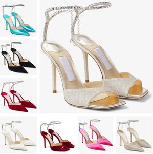Summer Luxury Brand Saeda Sandals Shoes with Crystal Chain Stiletto Heels Red White Golden Wedding Dress Pumps Lady Elegant Gladiator Sandalias