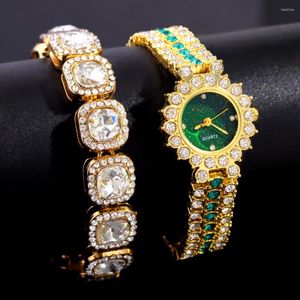 Wristwatches Fashion Bling Crystal Small Ladies Watches For Woman With Iced Out Paved Rhinestones Tennis Chain Bracelet Necklace Set Jewelry